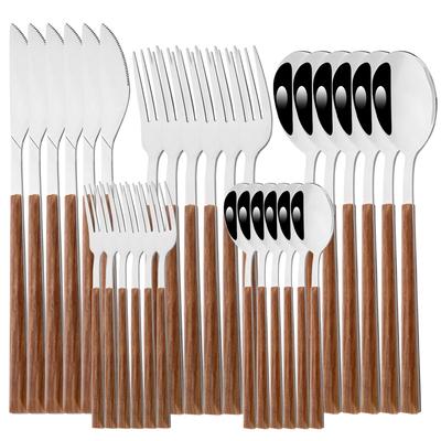 30Pcs Wood Handle Silver Dinnerware Steak Knife Fork Spoons Cutlery Set Stainless Steel Marble Flatware Kitchen Tableware Set