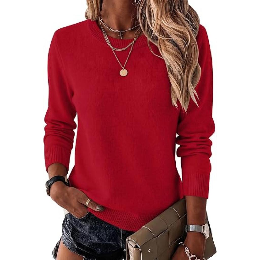 Women's Casual Crewneck Knit Sweater Long Sleeve Color Pullover for Fall Winter