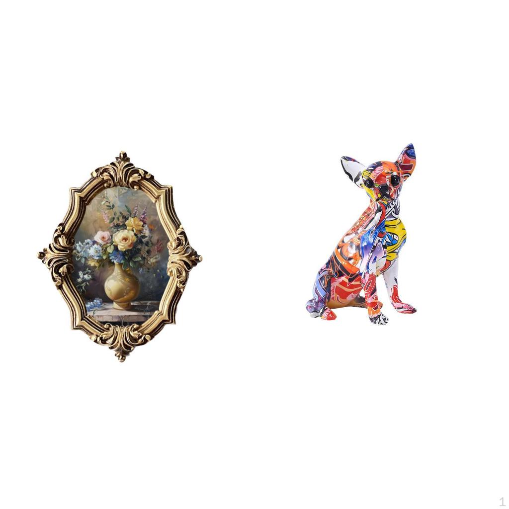 Vintage Resin Photo Frame and Colorful Dog Statue Sculpture Art Craft Collection for Office Bedroom