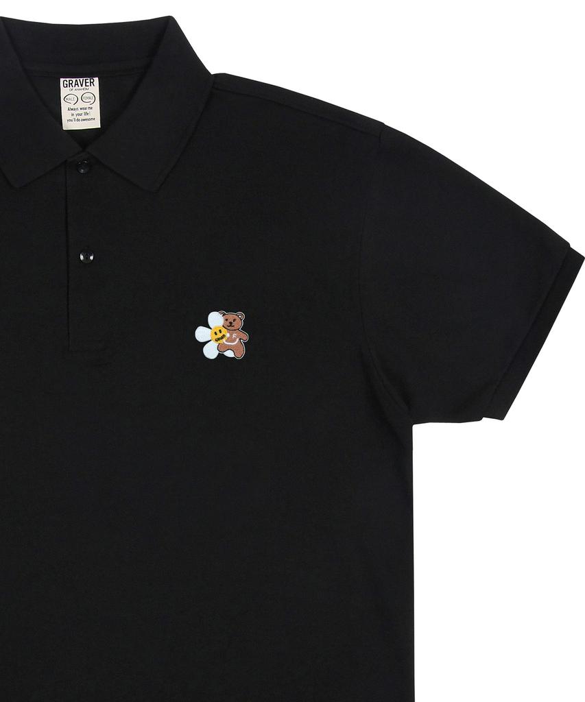GRAVER [Unisex] Flower Bear Embroidered Pique Short Sleeve T-Shirt_Black
