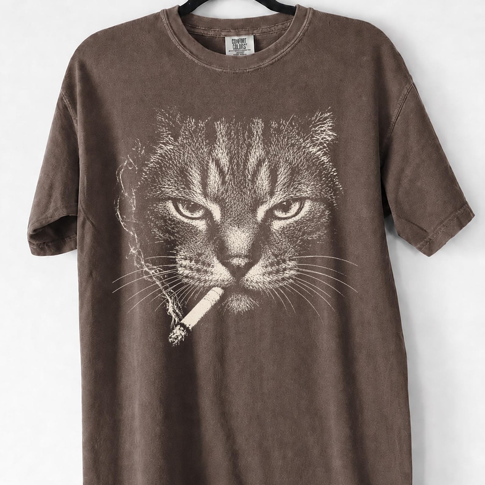 Smoking Cat Graphic Shirt, Retro Moody Feline Meme Tee, Funny Streetwear Cat Lover Unisex Oversized Top S