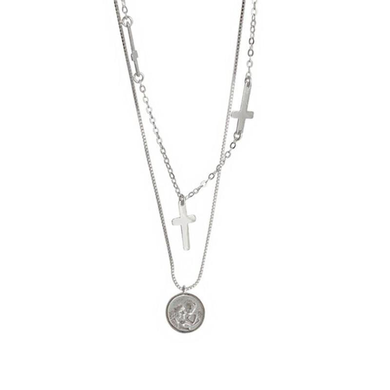 New Temperament Round Brand Angel Female 925 Sterling Silver Jewelry Personality Double Cross Pendant Necklaces TYB367