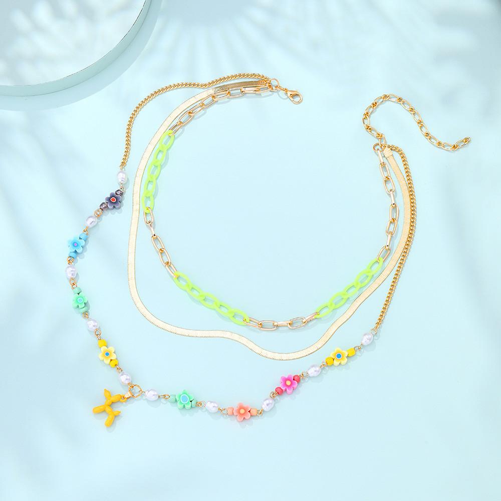 Contemporary Geometric Dog Pendant Necklace Featuring Colorful Soft Clay Flowers