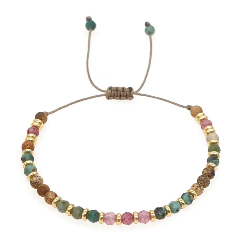 Multi-colored Semi-Precious Stone Gold CCB Bead Adjustable Rope Bracelet Candy Color Bead  Daily Wear Jewelry Beads Color Random