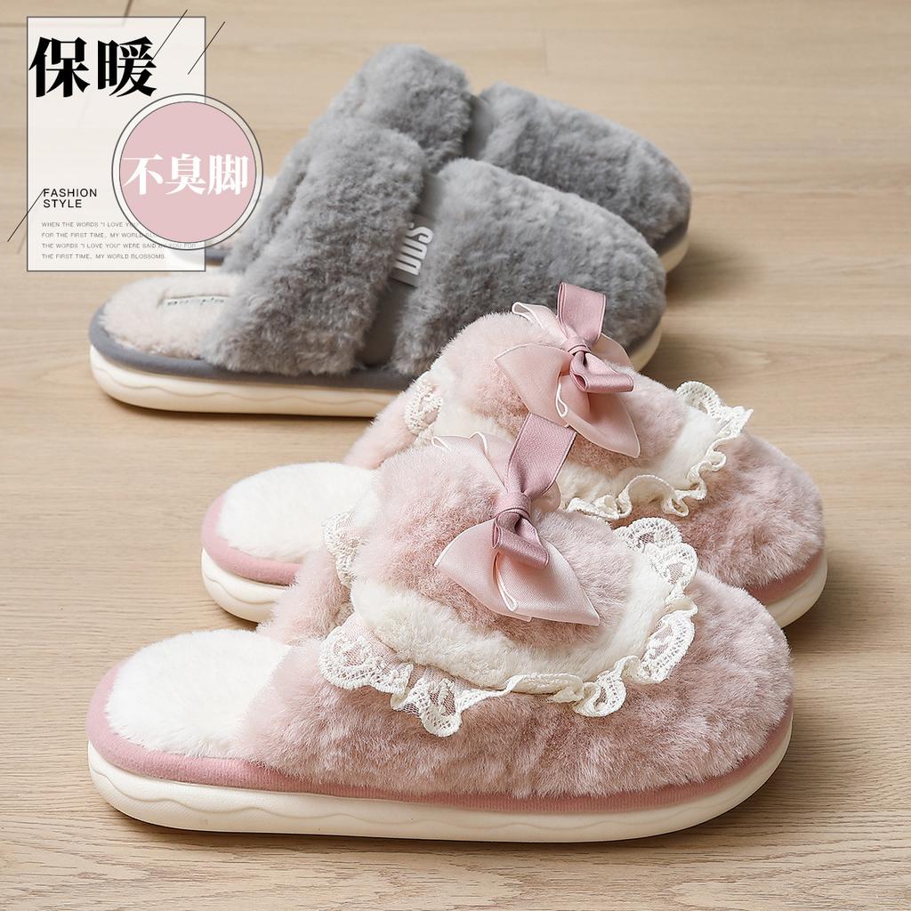 Bow cotton slippers couple indoor home winter warm thick bottom non-slip stepping on shit fluffy slippers winter