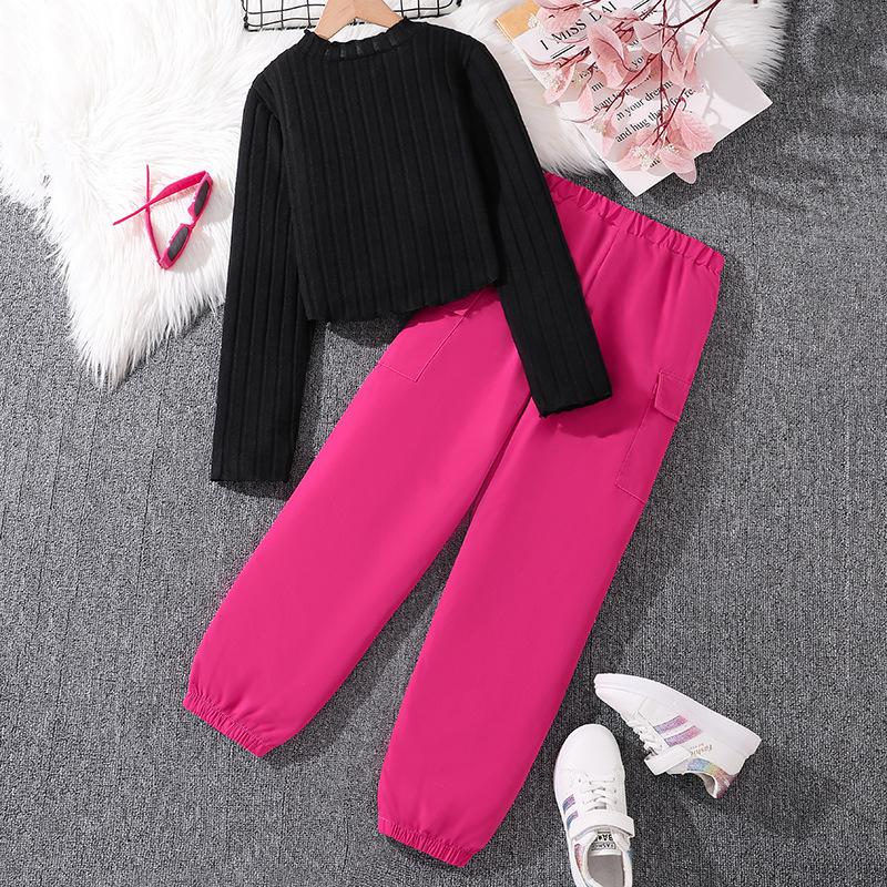Spring Autumn Children Casual Clothing Outfits for Girls Black Pullover Hoodie and Rose Red Pants Sports Loose Comfortable Style Daily Suits