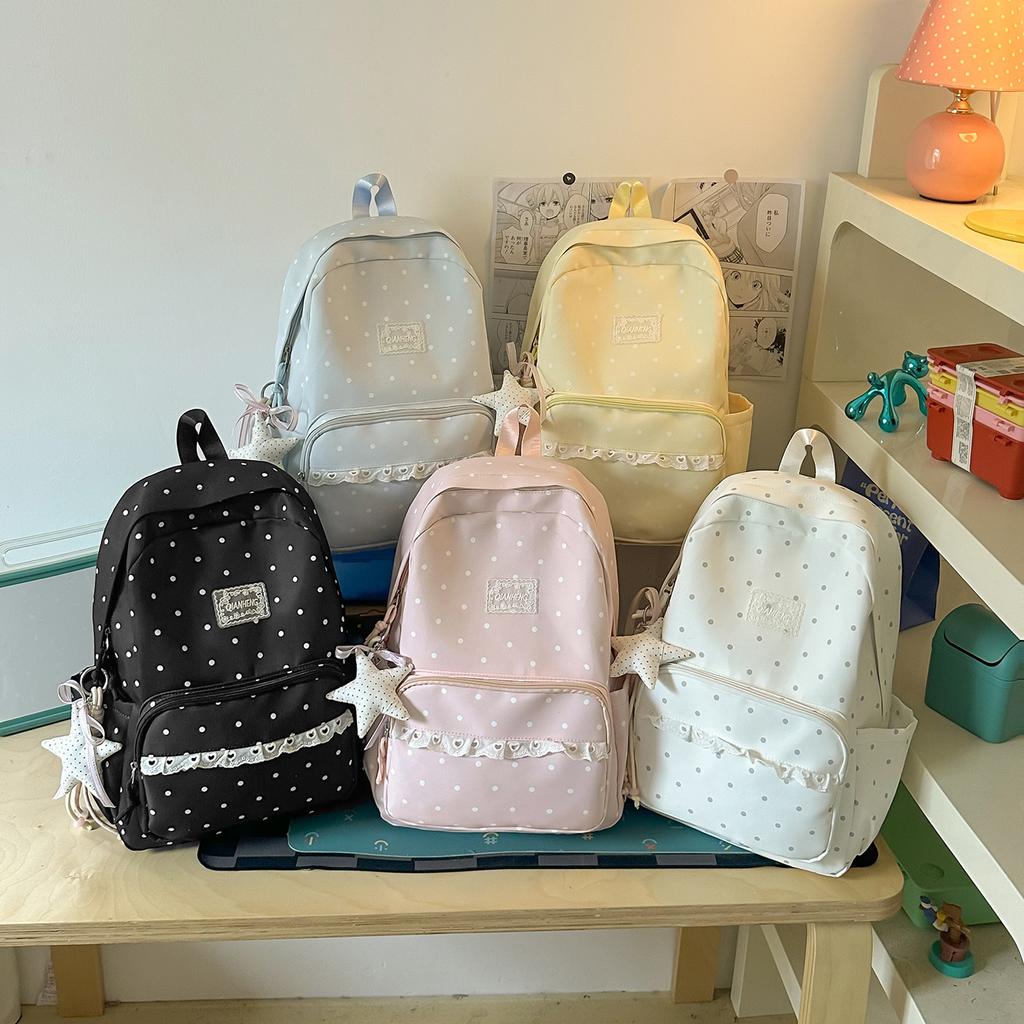 Schoolbag Milk White Polka Dot Backpack ins Niche Middle and High School Elementary School Bag Women's Lace Light Casual Backpack