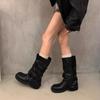 Women Boots 2026 Autumn Round Toe Belt Buckle Fashion Mid Calf Platform Fashion Boots Retro British Style Wedges High Top Boots