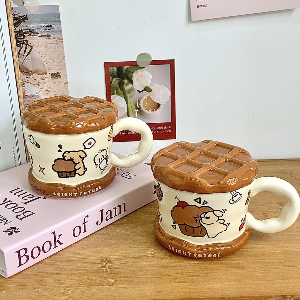 Cute Puppy Mug With Lid Ceramic Cup Large Capacity Household Water Cup Office Coffee Breakfast Cup Children