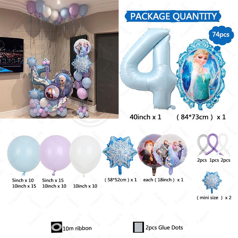 74pcs Frozen Princess Decoration Balloon Garland Arch Kit 40inch Blue Number Foil Balloon for Girl Birthday Party Favors Decor