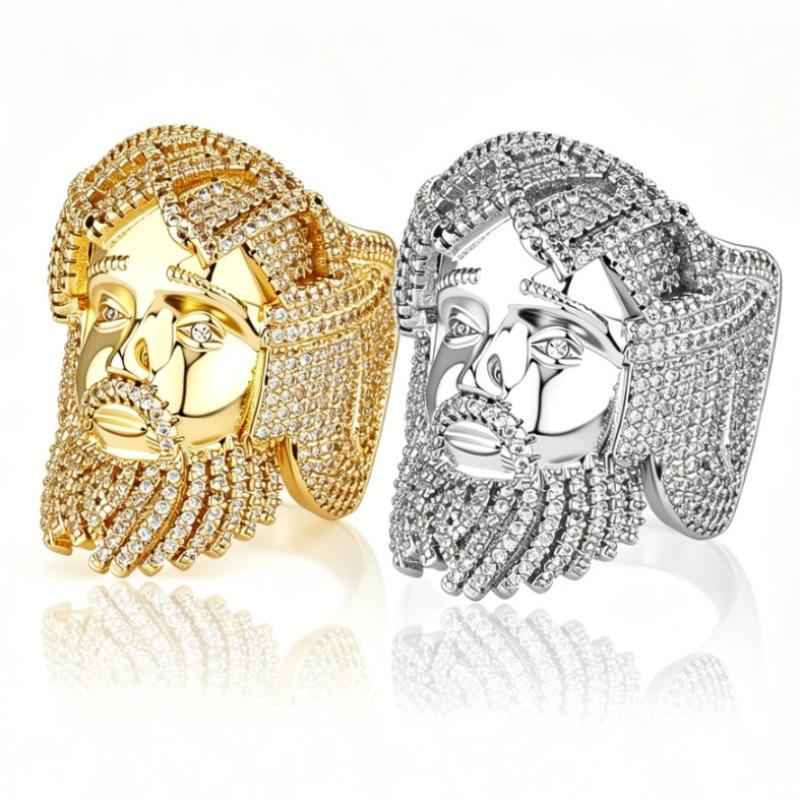 European and American New Hip-hop Retro Portrait Ring with Copper Inlaid Zircon, Niche Design, Exaggerated and Trendy Men's Ring