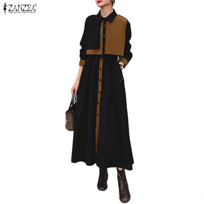 Women Casual Turn Down Collar Long Sleeve Patchwork Loose Dress
