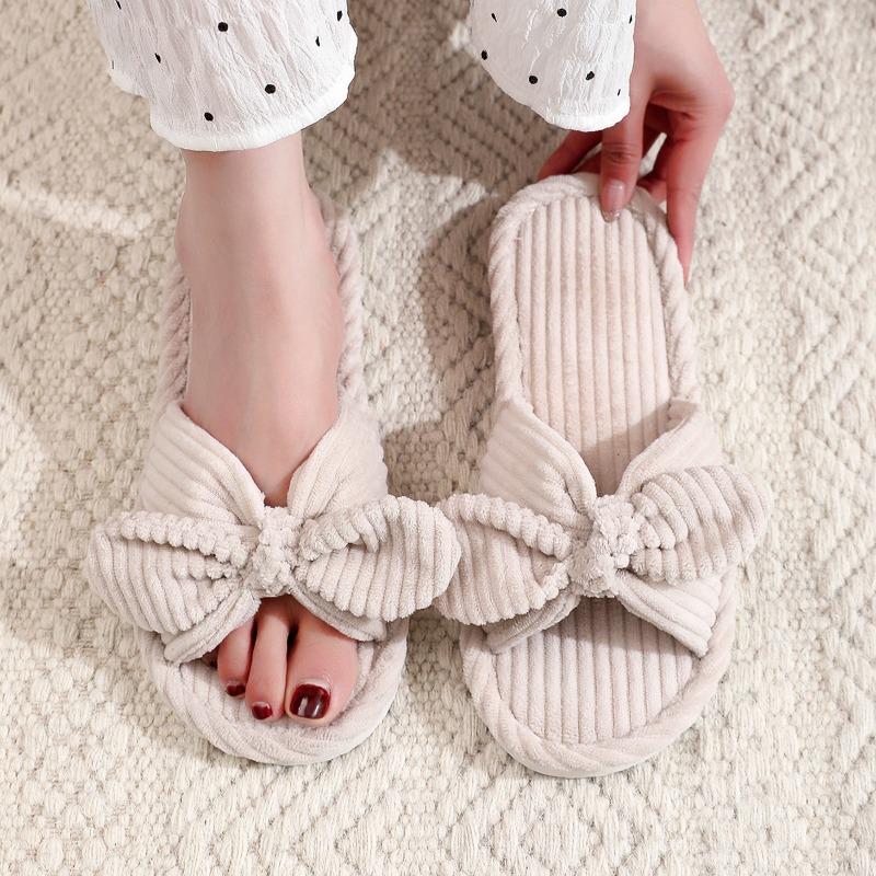 

Brand Women s Corduroy Flat Slippers Leisure Home Open Toe Mute Slides Women s Fashion Bow Casual Slippers Zapatillas Para Mujer 36-37 бежевый
