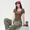 2024 High Street Spicy Girl Square Neck Sexy Top Female Tight Fake Two Piece Shoulder Pack Versatile Short Sleeve T-shirt