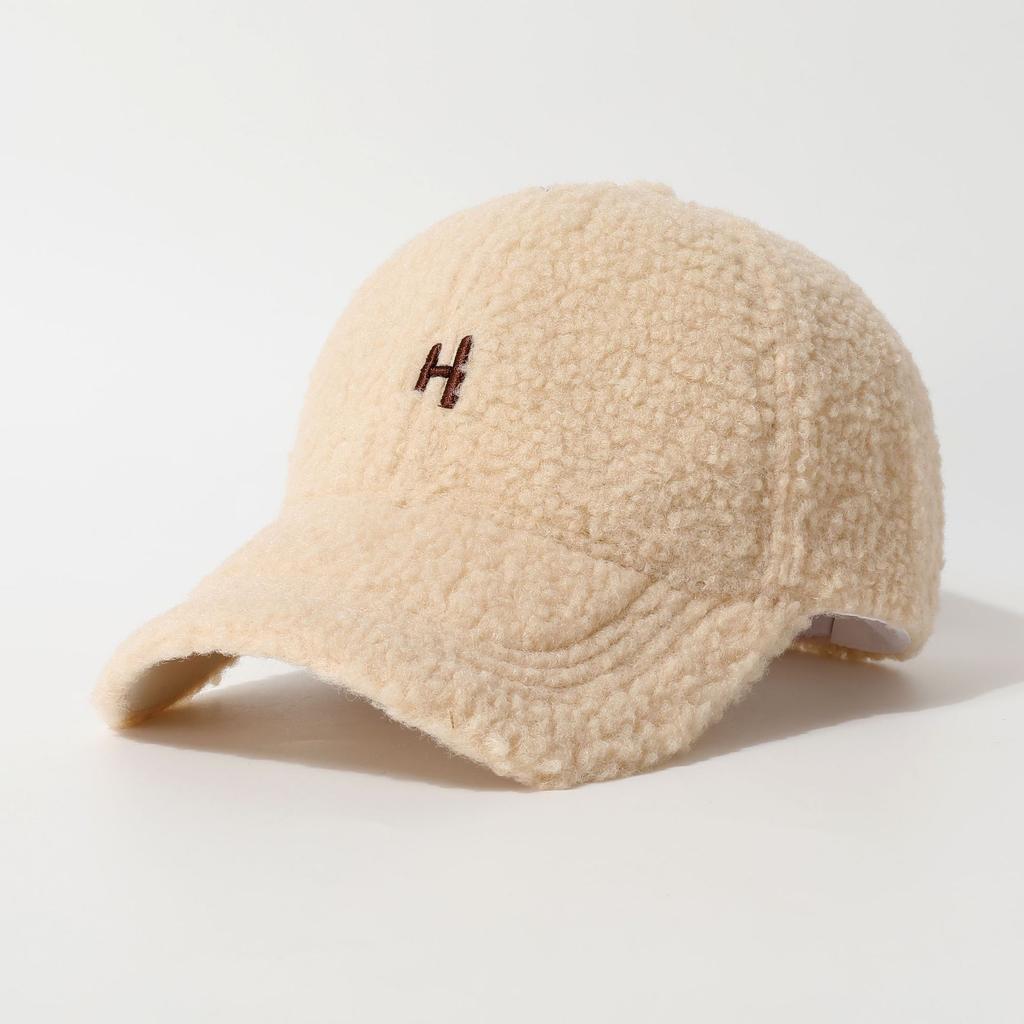 Embroidered H Letter Baseball Hat for Women In Autumn and Winter Lamb Wool Warm and Fashionable Small Peaked Hat Trendy
