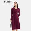 PORTS 2025 Autumn Pleated Waist V-Neck Midi Dress