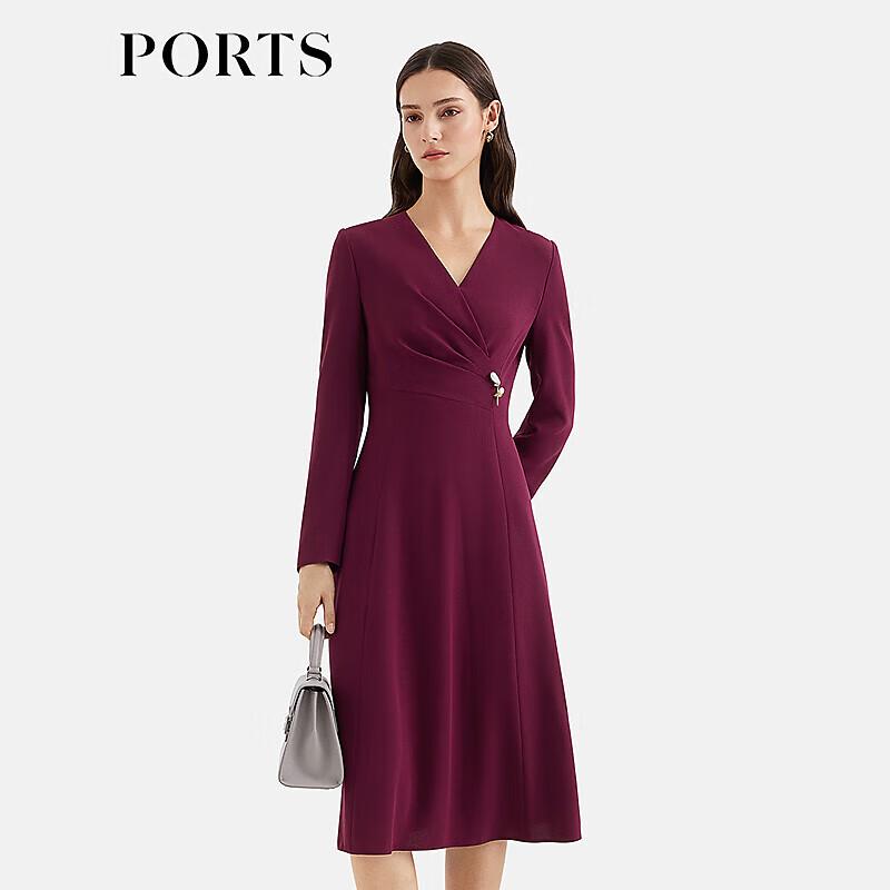 PORTS 2025 Autumn Pleated Waist V-Neck Midi Dress