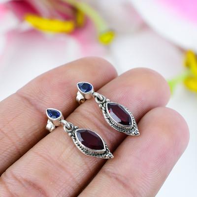 Granate Natural, Gema Iolita Joyería de Plata de Ley Sólida 925 Pendiente 1" e1w36