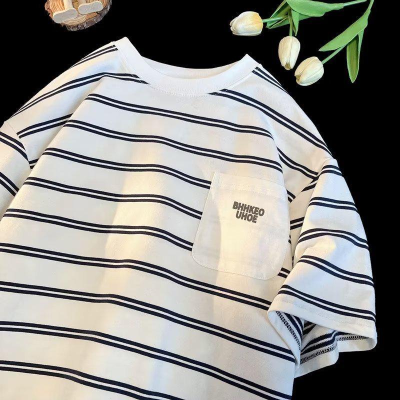 

Мужская полосатая хлопковая футболка с короткими рукавами и круглым вырезом в стиле Харадзюку — модная и свободная XL белый