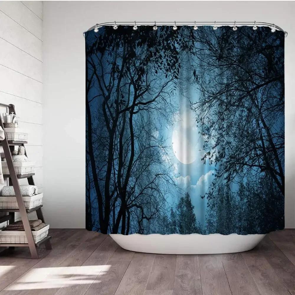 Forest Moon Shower Curtain for Bathroom Dark Black Nature Gothic Tree Scenery Foggy Woodland Bath Curtain Bathroom Decor,Hooks