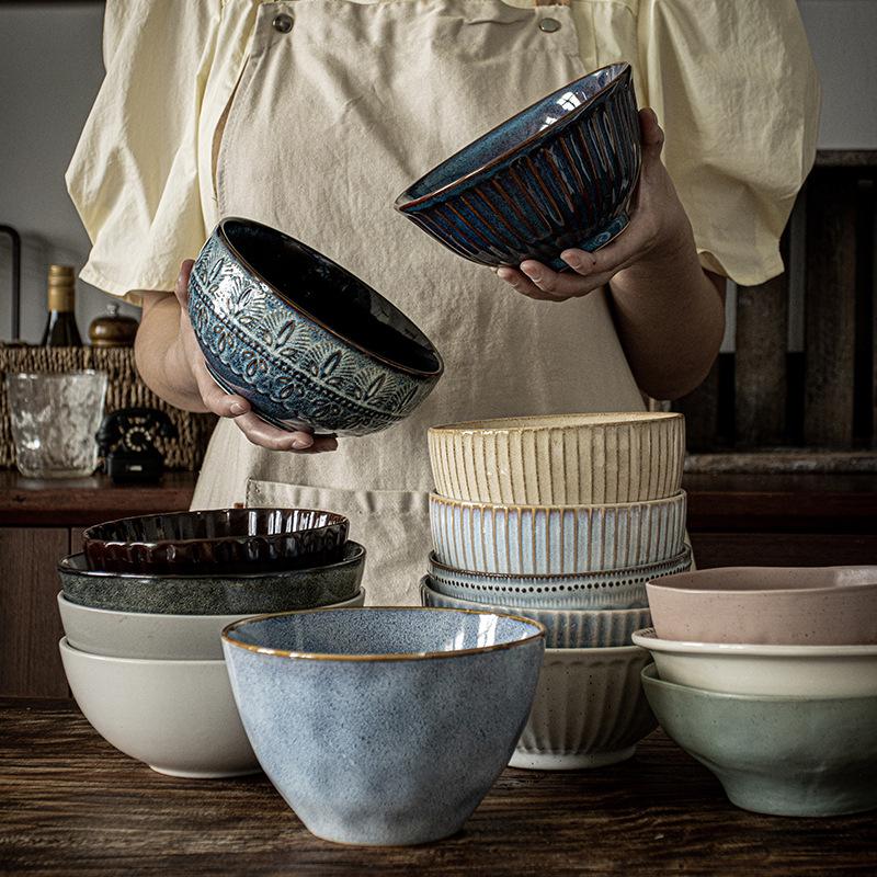 Retro Noodle Bowl Japanese Ceramic Bowl Salad Bowl Household Vegetable Bowl Instant Noodle Bowl Tableware Light Luxury High Value Soup Bowl Rice Bowl