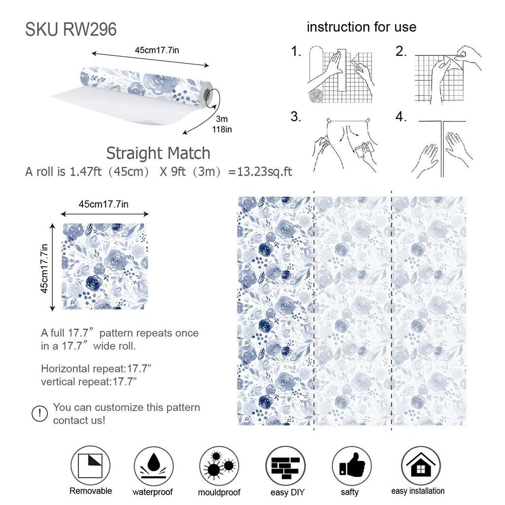 Blue Watercolor Floral Background Removable Wallpaper(45cm*300cm)