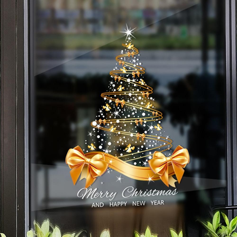 Star Bow Design Golden Christmas Tree Window Stickers Christmas Glass Door Stickers Store