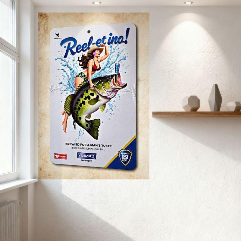 Vintage Beer Ad Metal Tin Sign - Woman In Red Bikini Riding Green Spotted Fish, 1940 Caribbean Magic Brewed for Man's Taste Deco