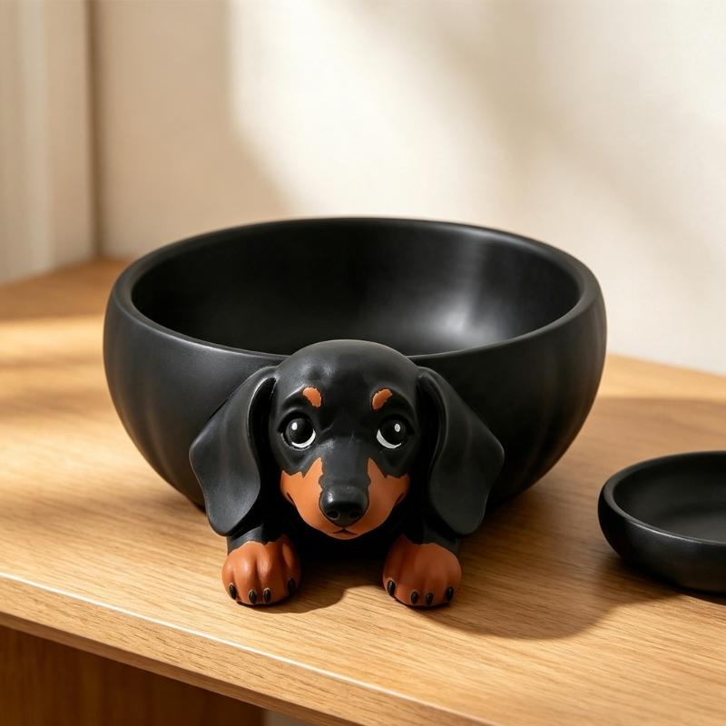 Resin Dachshund Key Tray Dog Catchall Bowl for Desk or Dresser, Black Storage Holder for Jewelry and Small Daily Items for Tabletop Use
