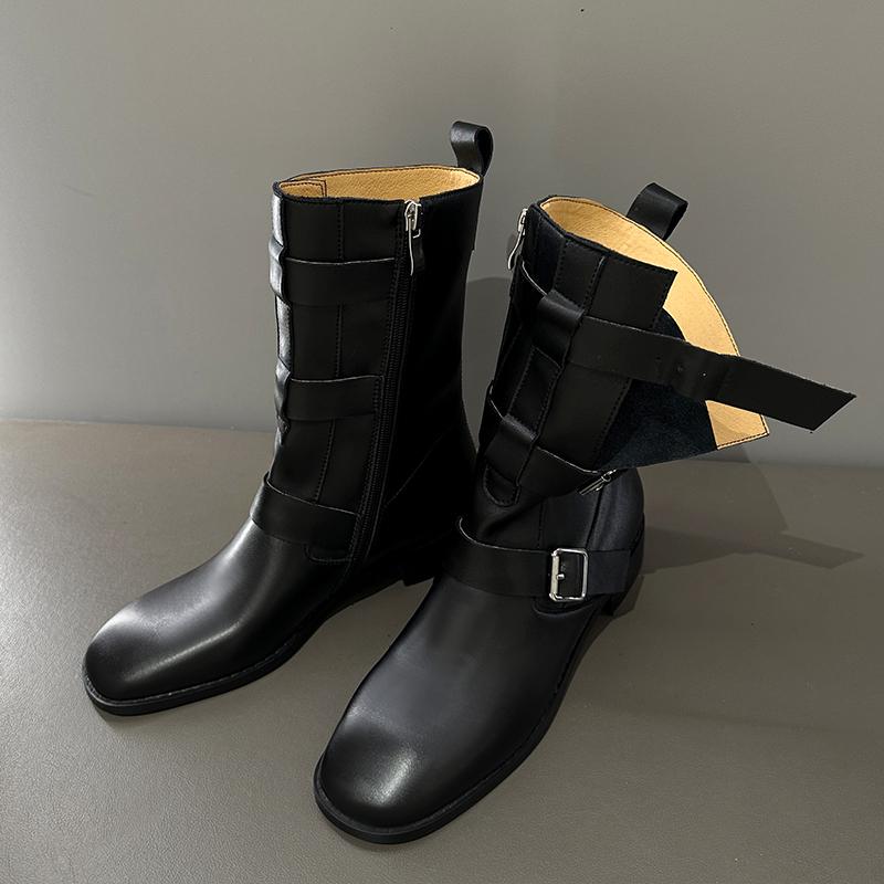 Fashion 2025 Autumn New Women's Shoes Split Leather Mid-calf Boots Square Toe Pull-on Mid Heel Belt Buckle Western Boots Modern Boots