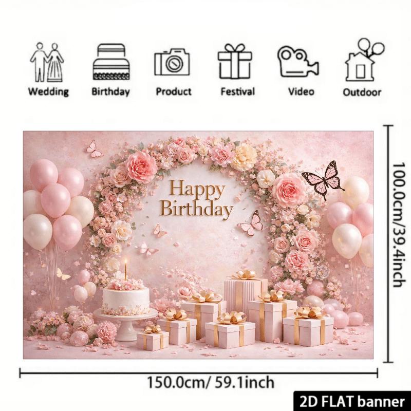 3D flat birthday party backdrop with a butterfly theme featuring the golden words "Happy Birthday"zyc