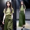 Chic Women's Summer Two-Piece Set: Stylish Short Sleeve Top & High Waist Wide Leg Pants