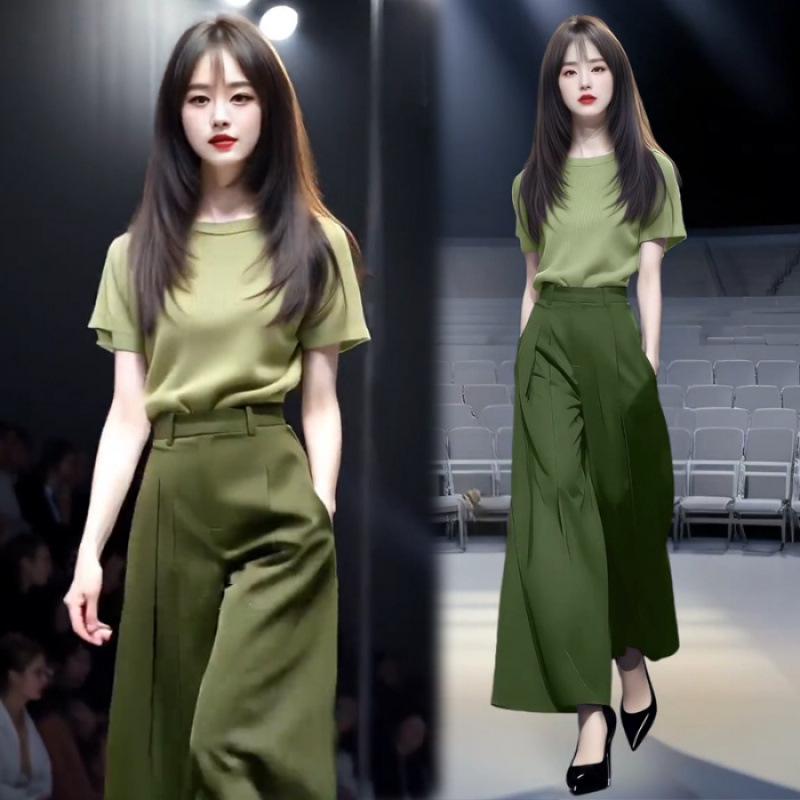 Chic Women's Summer Two-Piece Set: Stylish Short Sleeve Top & High Waist Wide Leg Pants