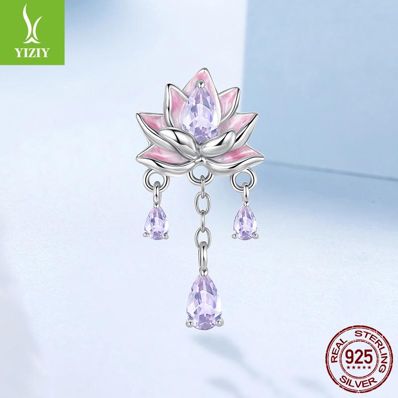 Gradual Change Pink Purple Lotus Diy Silicone Positioning Beads, Sweet Dream Tassel S925 Silver Beads