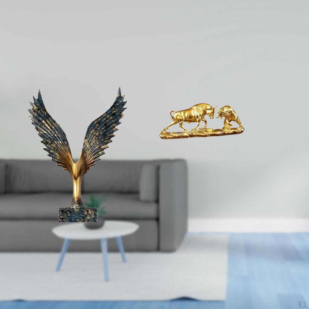 Resin Spreading Wing Cow Cattle Statue Sculpture Feng Shui Ornament Decorative Modern Artwork