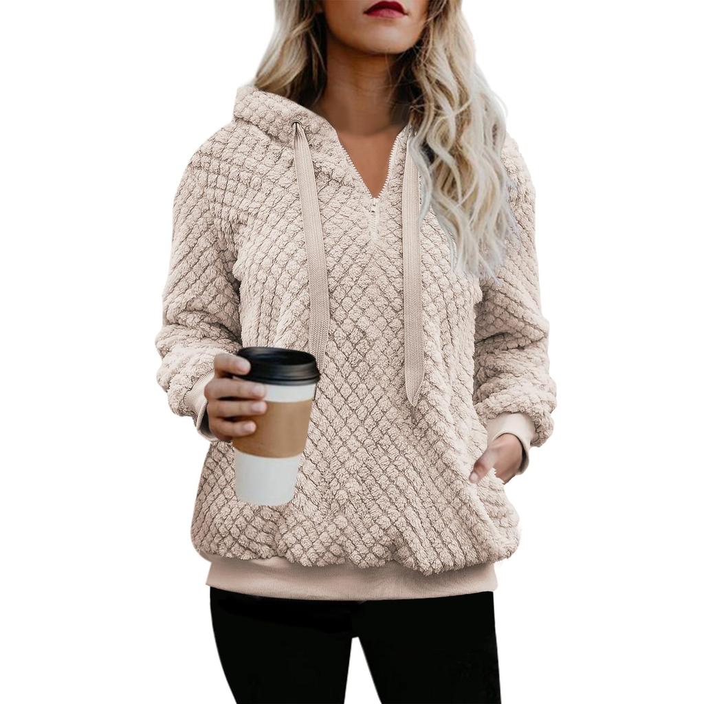 Womens Oversized Fuzzy Hoodie Double Fleece Sweatshirts Plaid Outerwear