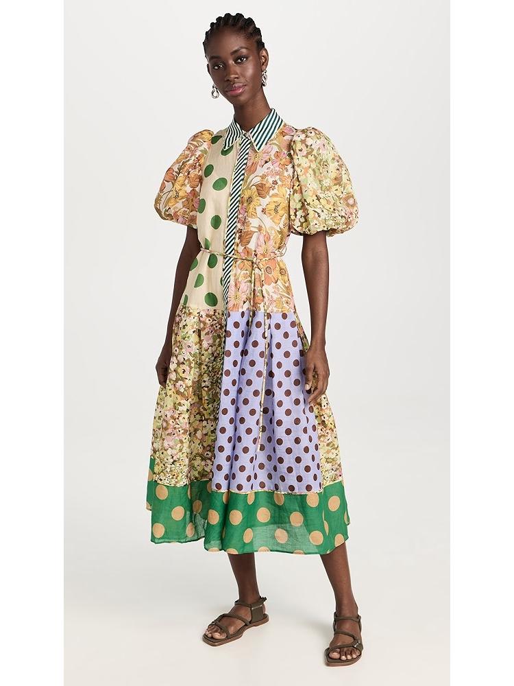 

Европейская и американская мода, приталенное платье с рукавами-буфами и расклешенной юбкой Small