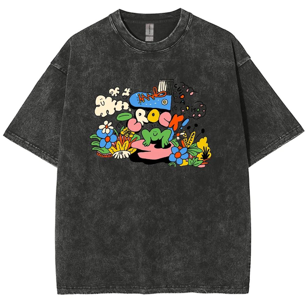 Summer Cotton Loose Printed Women s T-shirt Fashionable Oversized Top Street Comfortable Clothing Retro Loose Washed T-shirt S разноцветный