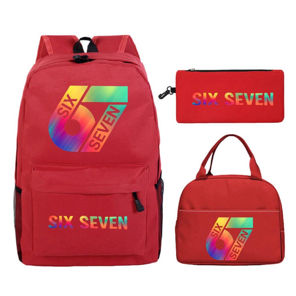 Sechs Sieben 67 Bedruckter Kinderrucksack Brottasche Federmäppchen Schultasche für Schüler Dreiteiliges Set