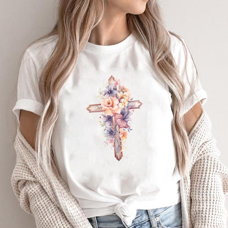 (Asian Size) lovely flower style cute Print Short Sleeve T-shirts Casual Women's Top T Clothing O-neck Fashion Female Graphic Tee