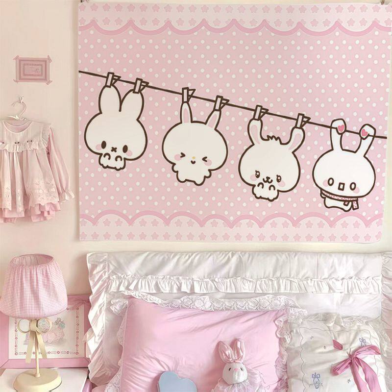 

New Kawaii Bunny Rabbit Tapestry Lolita JK Cartoon Wall Hanging Aesthetic Atmosphere Girls Bedroom Decor 74x94cm(29x37in)