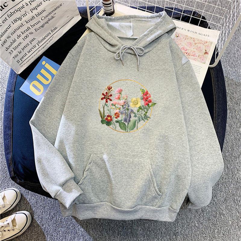 Autumn New Flower Print Sweatshirt for Women Oversize Loose Casual Velvet Hooded Hoodie Top for  Student