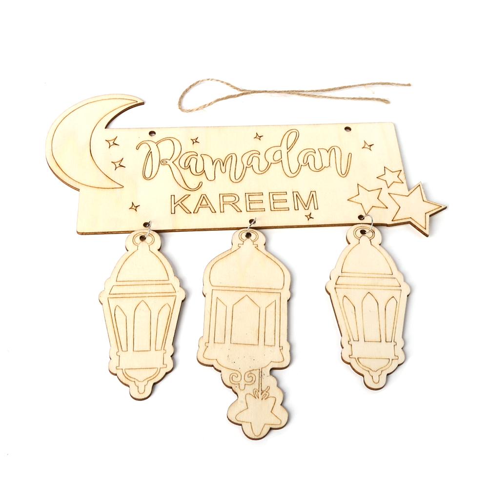 Wooden Eid Mubarak  ing Pendant Ramadan   Pattern   Crafts Ornament with Rope Festival Decoration