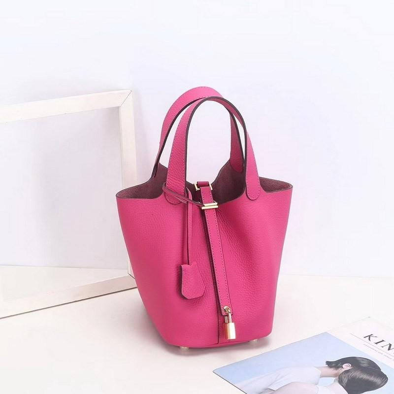 First-layer Lychee Pattern Leather Bucket Bag Brand Fashionable Gold Button Cowhide Vegetable Basket Women's