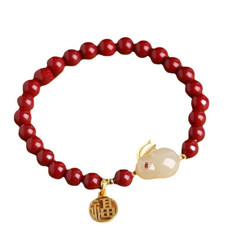 Factory Director's Recommendation New Cinnabar Jade Rabbit Bracelet for Women, Hotan Jade Zodiac Rabbit Bracelet