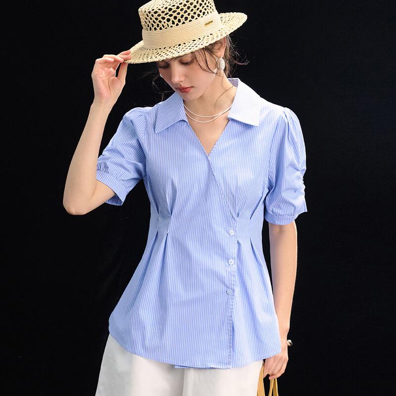 Wudao Women s Striped V-Neck Commuter Blouse M