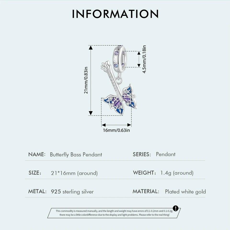 BAMOER Butterfly Bass Charm Pendant for Women Jewelry Making 925 Sterling Silver Music Charm for Original Bracelet Accessories