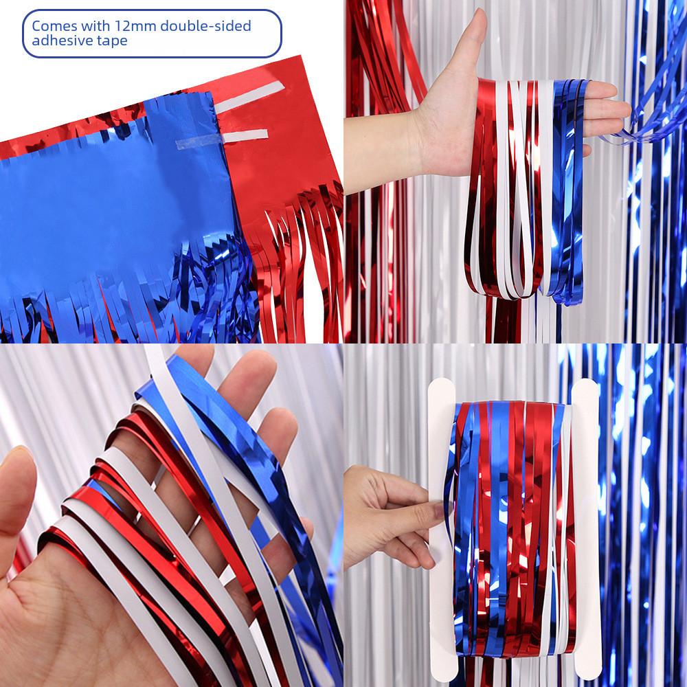 Festive Red Silver And Blue Foil Tinsel Curtain For Independence Day Celebration