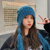 Solid Color Long Twist Braid Beanie Hat Ear Flaps Knitted Hat for Outdoor Sport