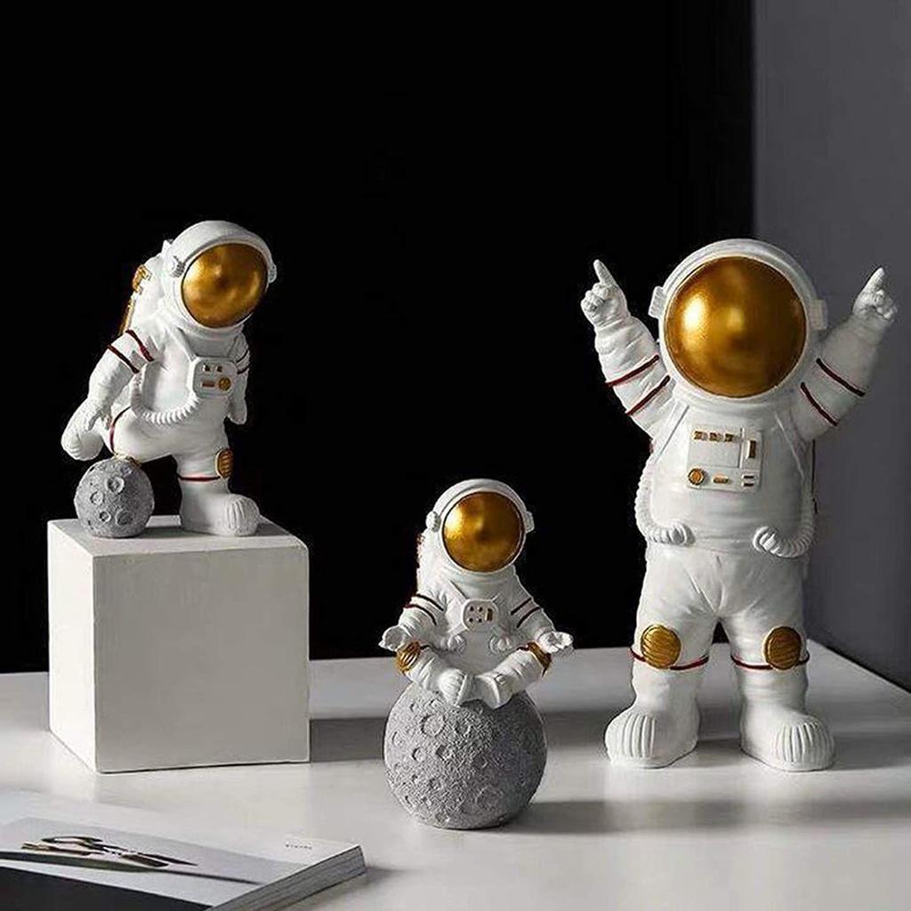 Resin Astronaut Spaceman Statue Ornament Home Office Desktop Figurine Decors Set of 3 - Golden